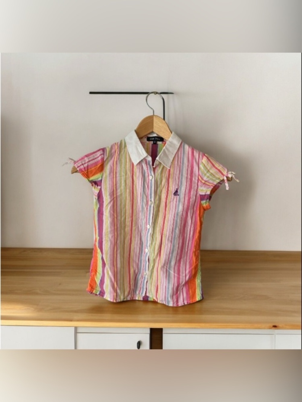 Bean Pole Girl's Striped Short Sleeve Blouse Buttons Ties on Sleeve Sz 5T Kids